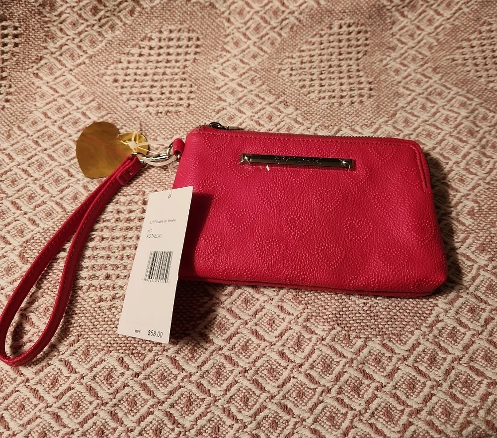 Betsey Johnson Red Faux Leather Double Zip Wristlet Embossed Hearts NWT